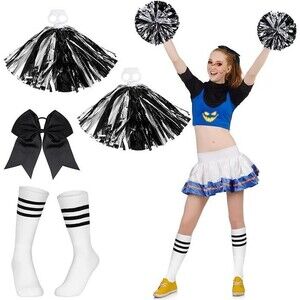 4 Pcs Zombie Halloween Scary Cheerleader Costume Accessories 2 Pom Poms 1 Hair B
